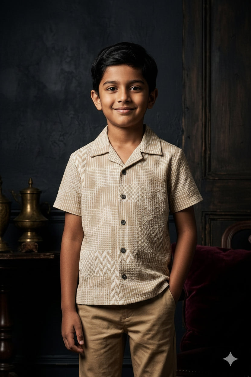 Boys Brown Jacquard Cuban Collar Shirt