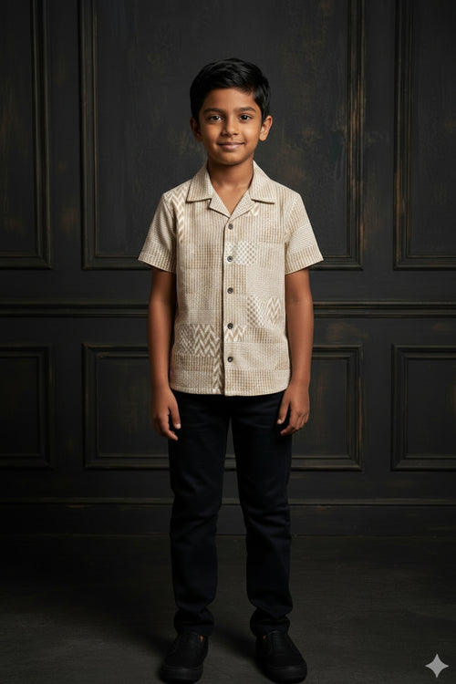 Boys Brown Jacquard Cuban Collar Shirt