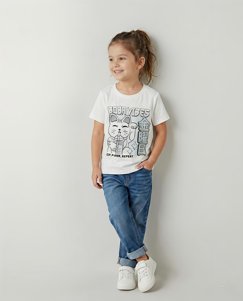 Girls Foil Printed White Tshirt