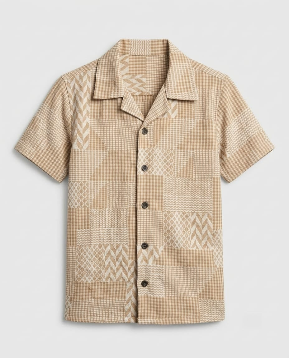 Boys Brown Jacquard Cuban Collar Shirt
