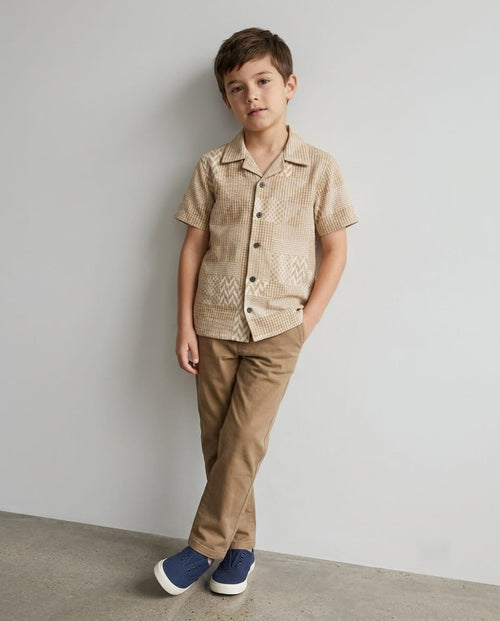 Boys Brown Jacquard Cuban Collar Shirt