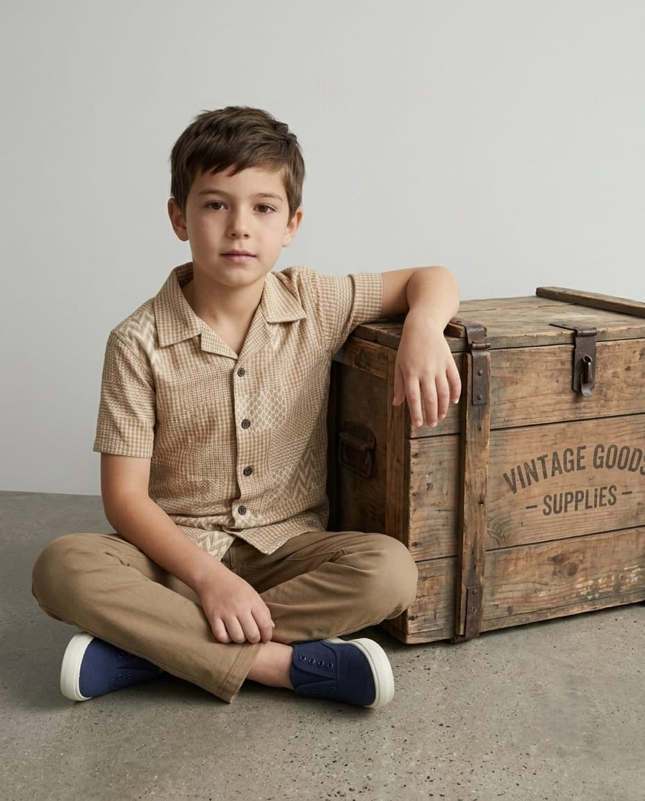Boys Brown Jacquard Cuban Collar Shirt